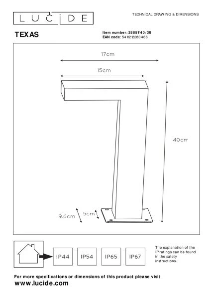 Lucide TEXAS - Pollerleuchte - LED - 1x7W 3000K - IP54 - Anthrazit - TECHNISCH